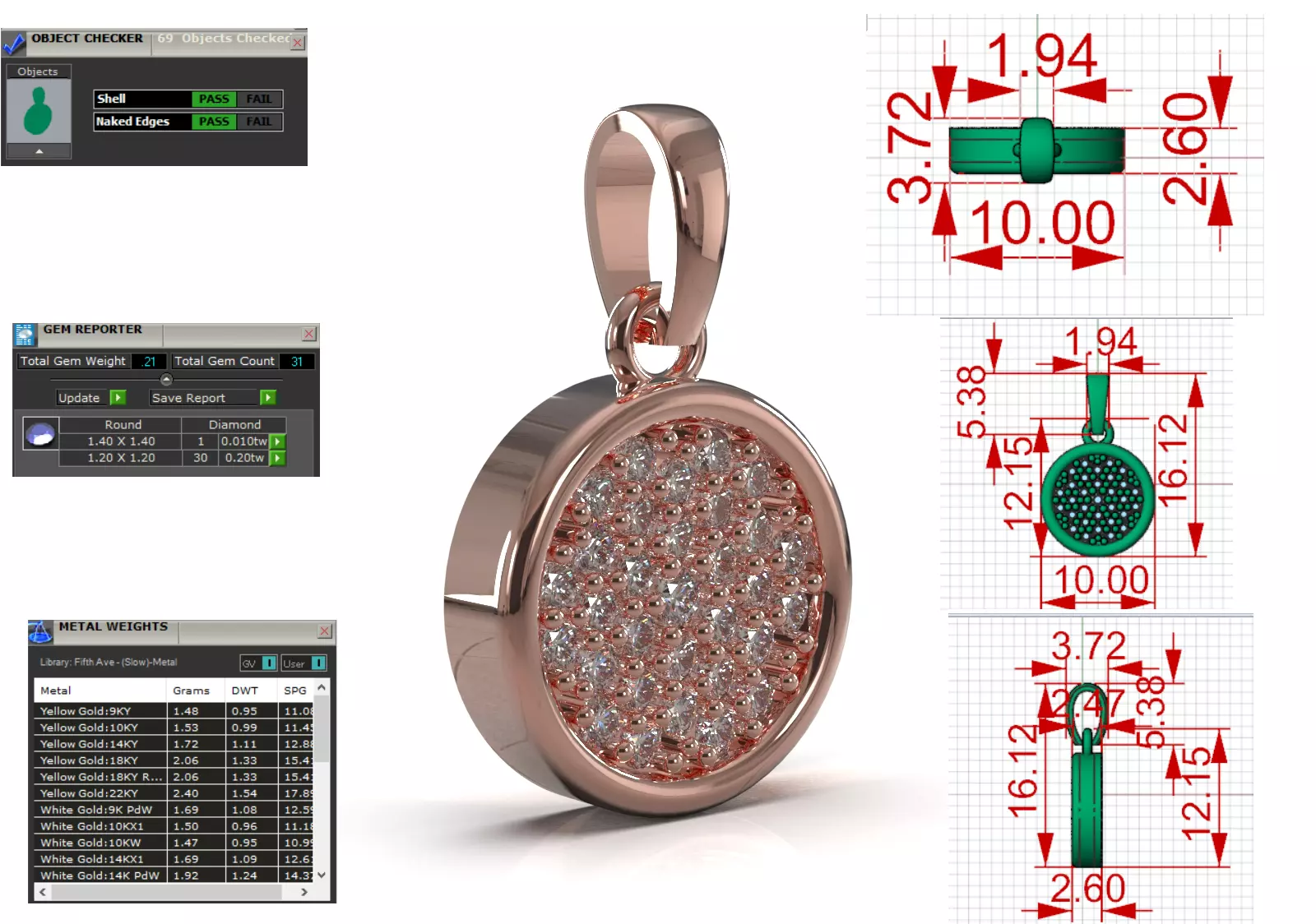 Rose Gold Pave Diamond Disc stl 3dm 3d Pendant model jp0378 3D print model