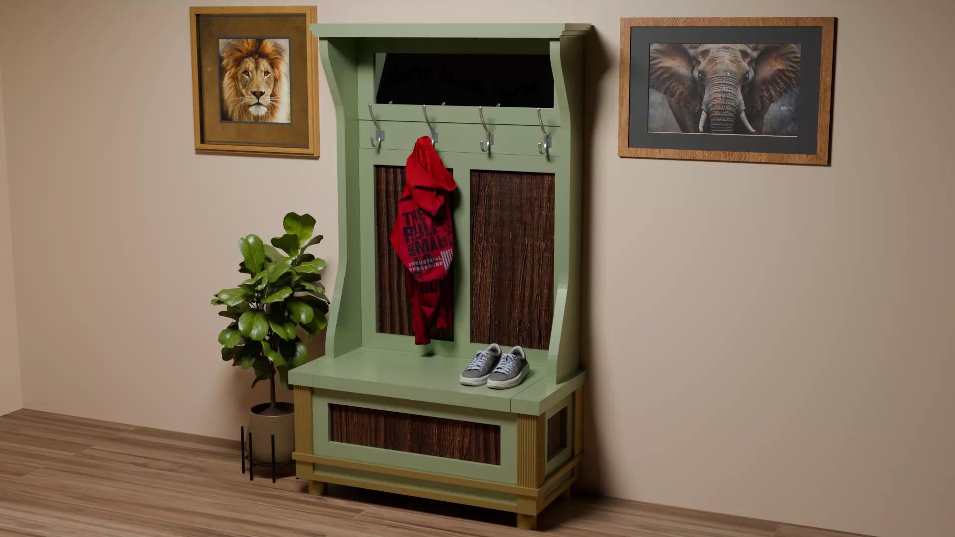 Farmhouse Hall Tree or Coat Rack Low-poly 3D model_0