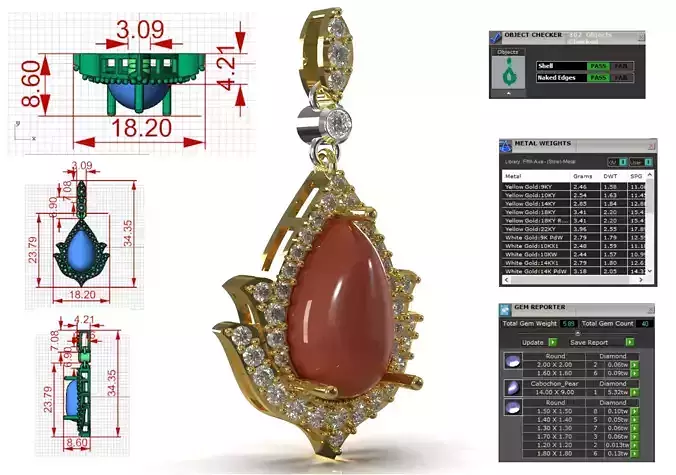 Coral Cabochon and Diamond Teardrop Pendant model jp0379