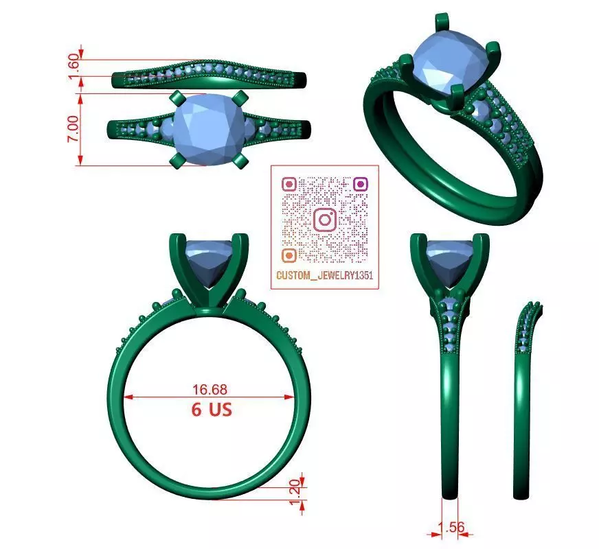 Square Cushion Engagement Ring 3D print model_6