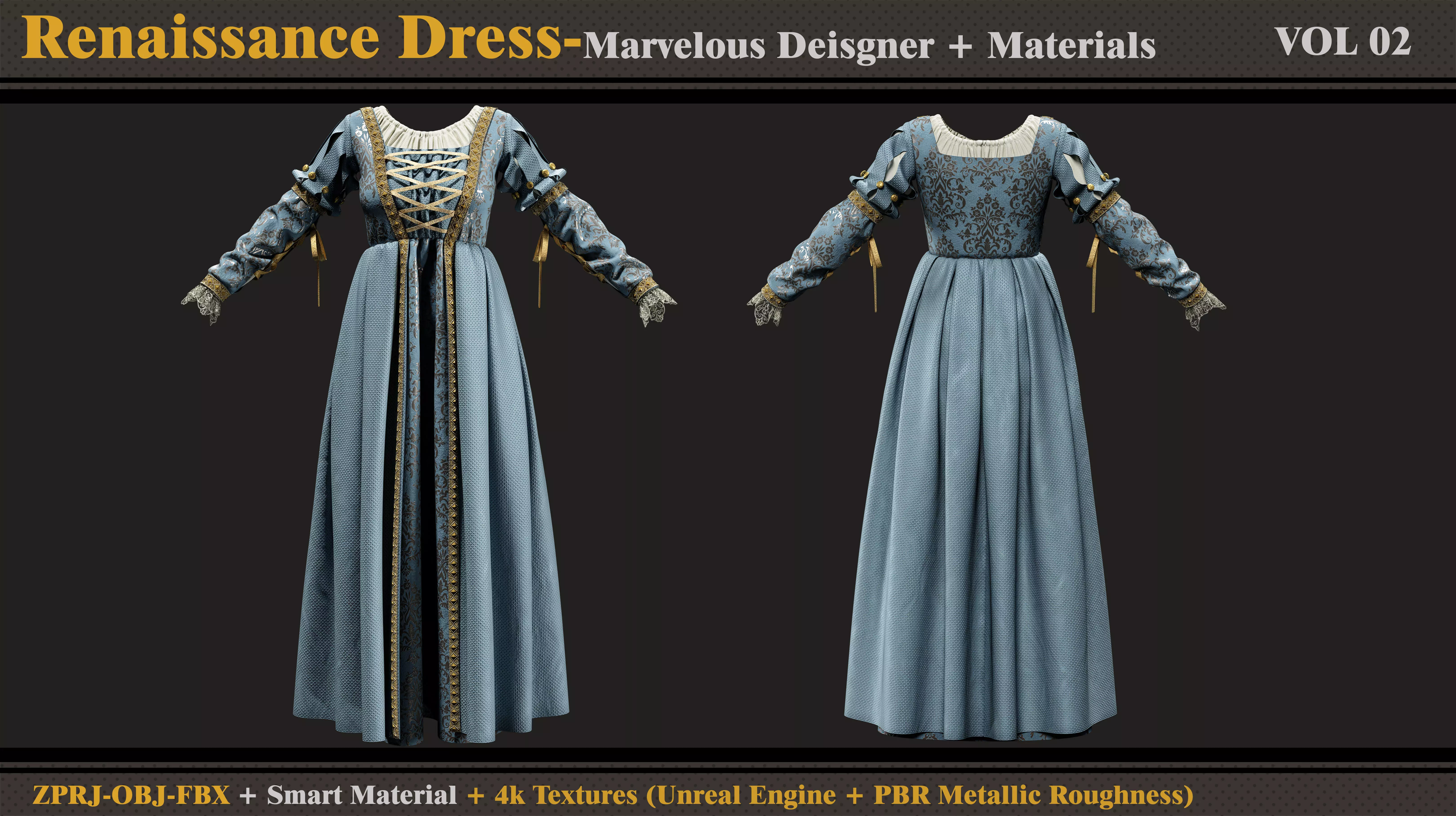 Renaissance Dress-MD-Clo3d-Smart Material- Textures-OBJ-FBX 3D model_1