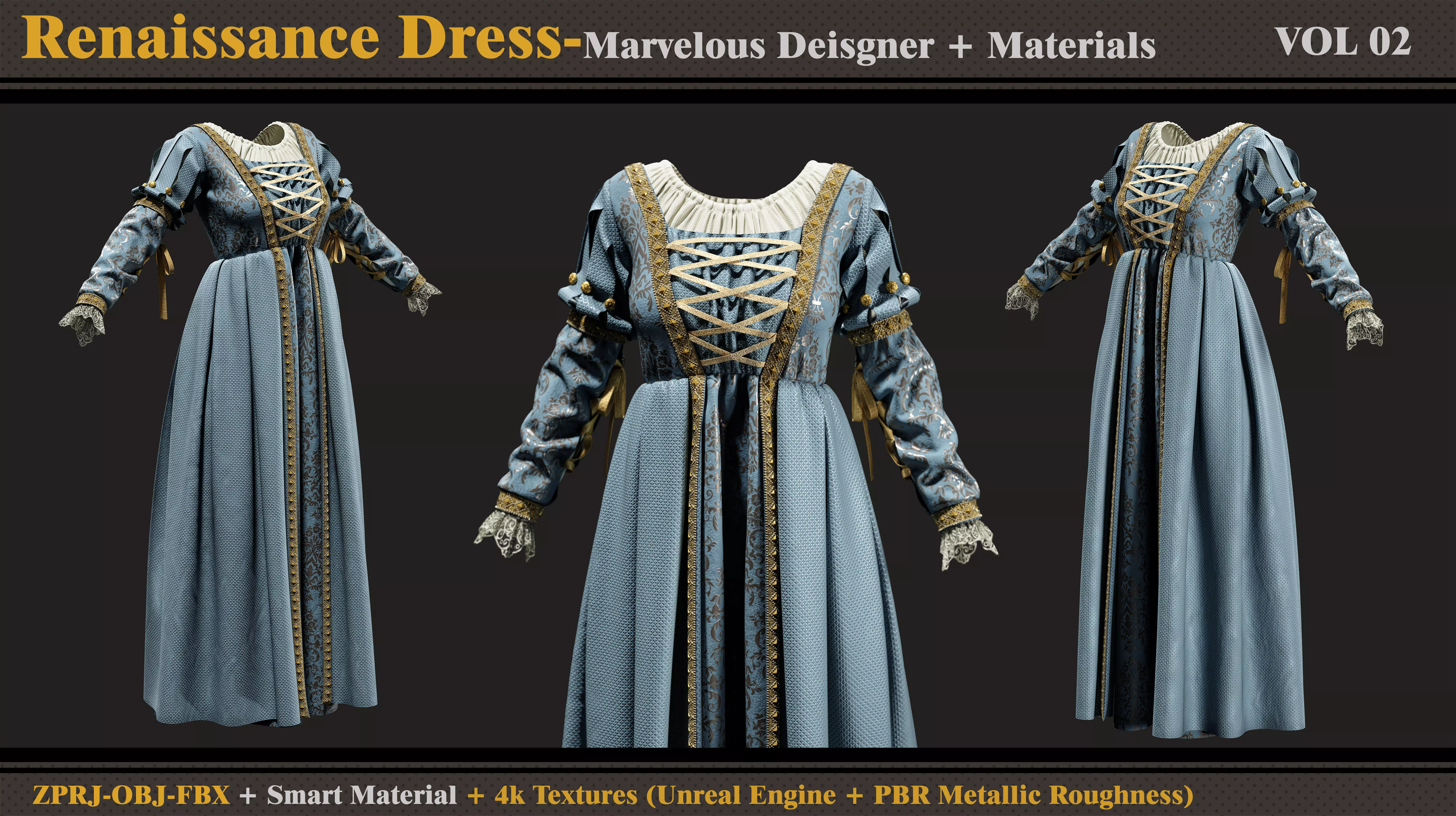 Renaissance Dress-MD-Clo3d-Smart Material- Textures-OBJ-FBX 3D model_2
