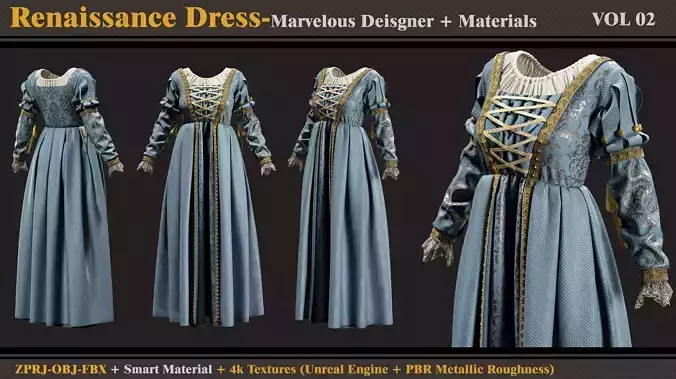 Renaissance Dress-MD-Clo3d-Smart Material- Textures-OBJ-FBX