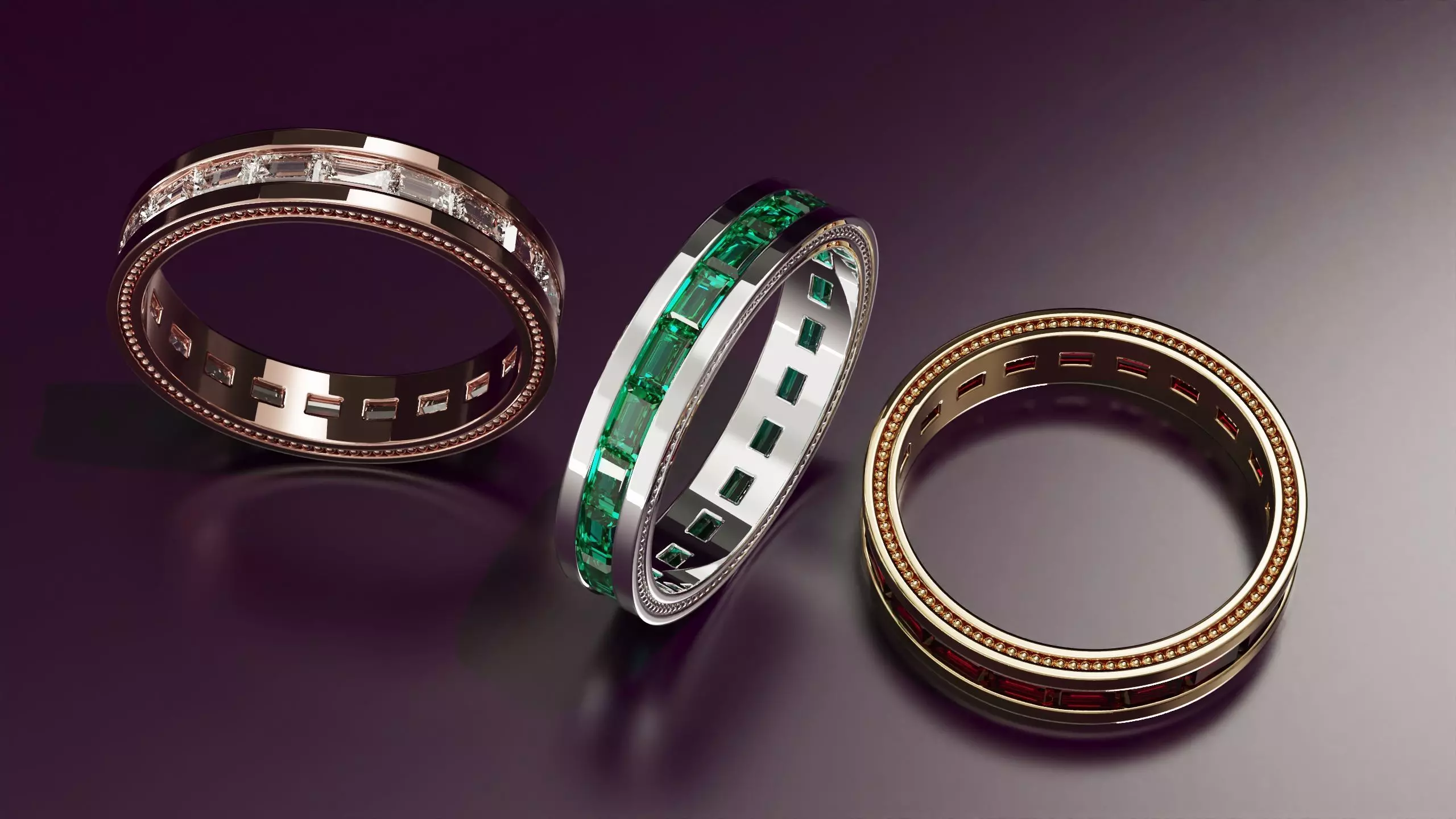 Channel Set BaguetteStraight eternity ring w bead N04 162CT EU54 3D print model_4