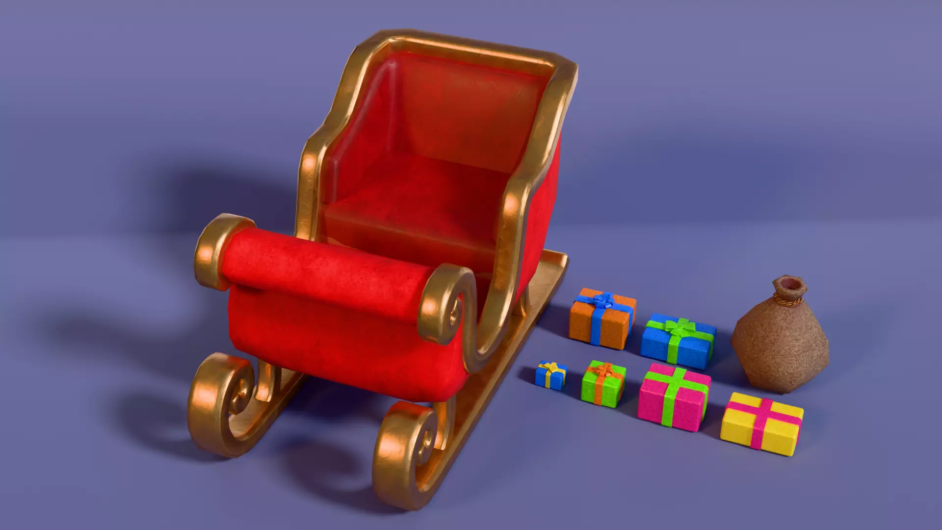 Low-Poly Cartoon Christmas Sleigh and Gift Set Low-poly 3D model_6
