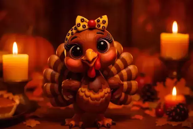 Cute 3D Turkey Model with Bow Adorable Thanksgiving