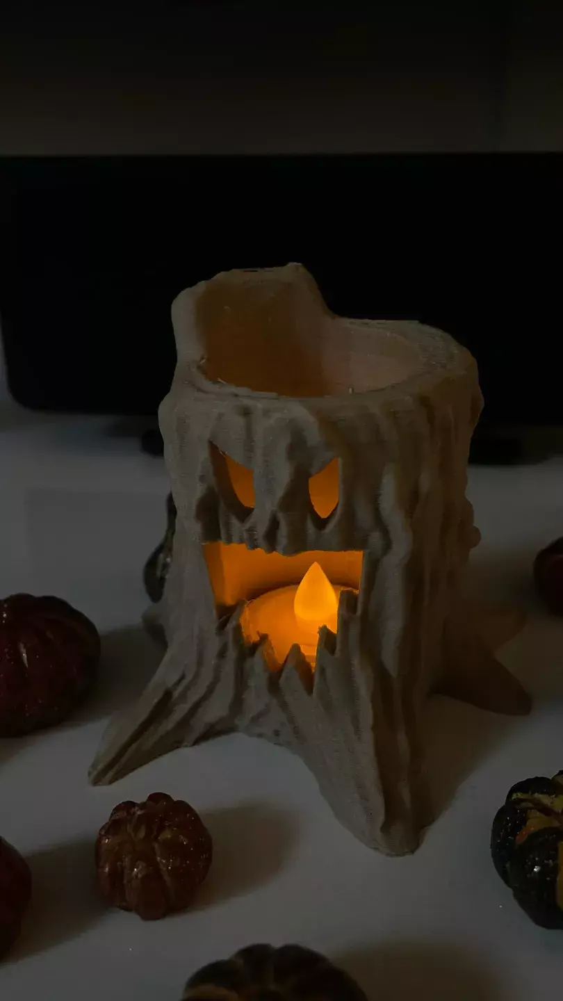 Spooky Tree Stump Tealight Holder STL 3D print model_0