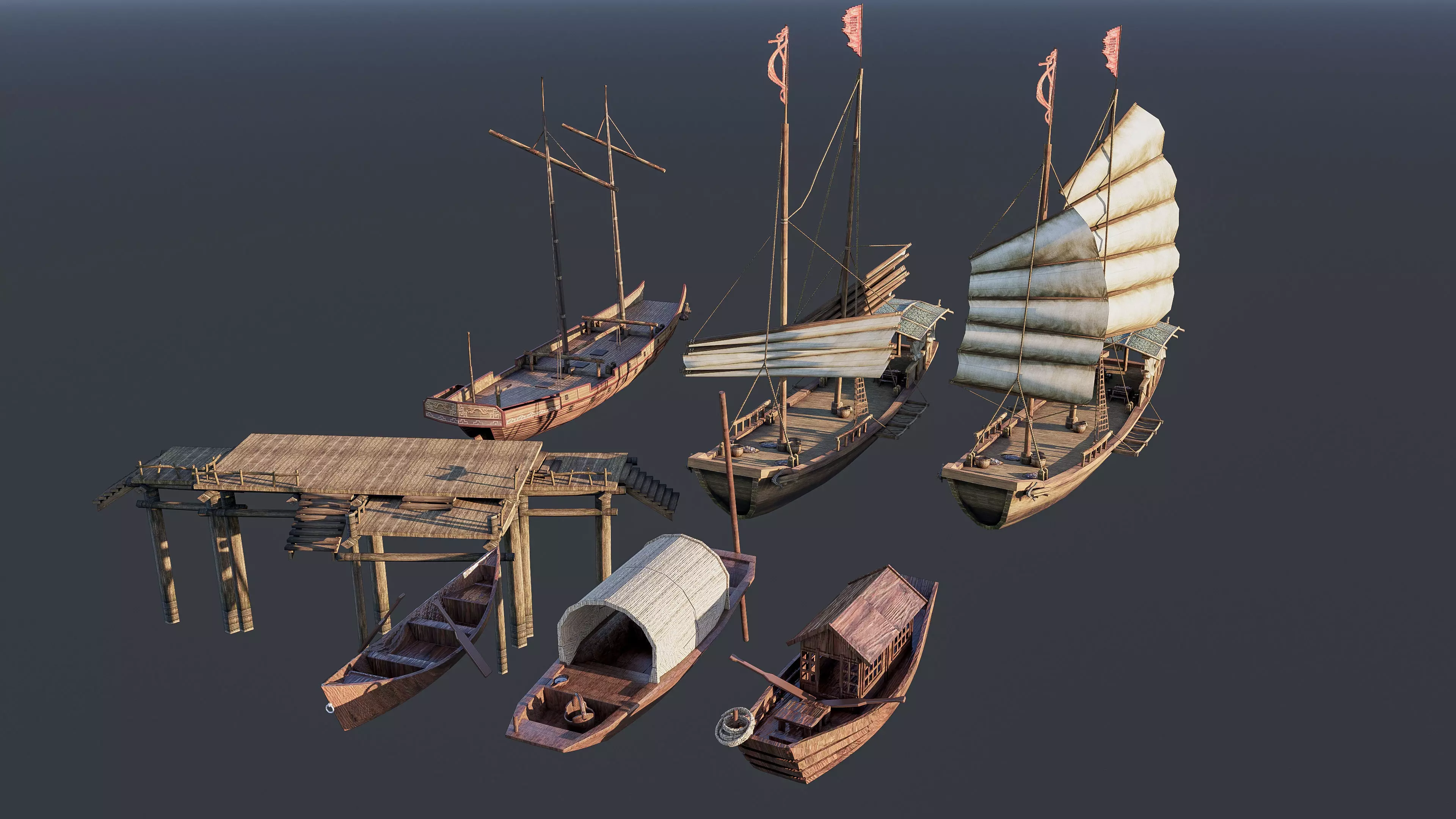 Wooden boat collection 2 Low-poly 3D model_1