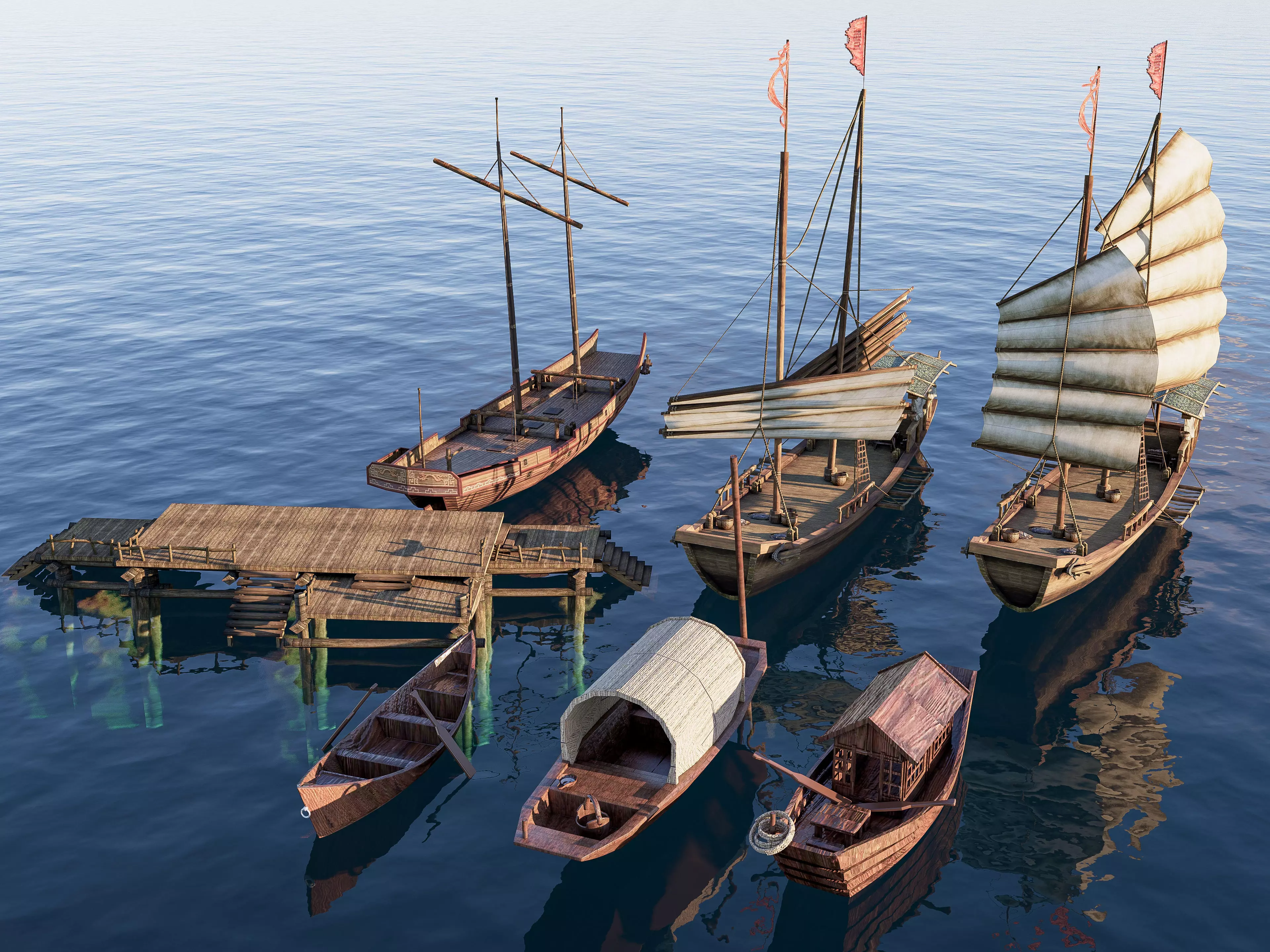Wooden boat collection 2 Low-poly 3D model_0