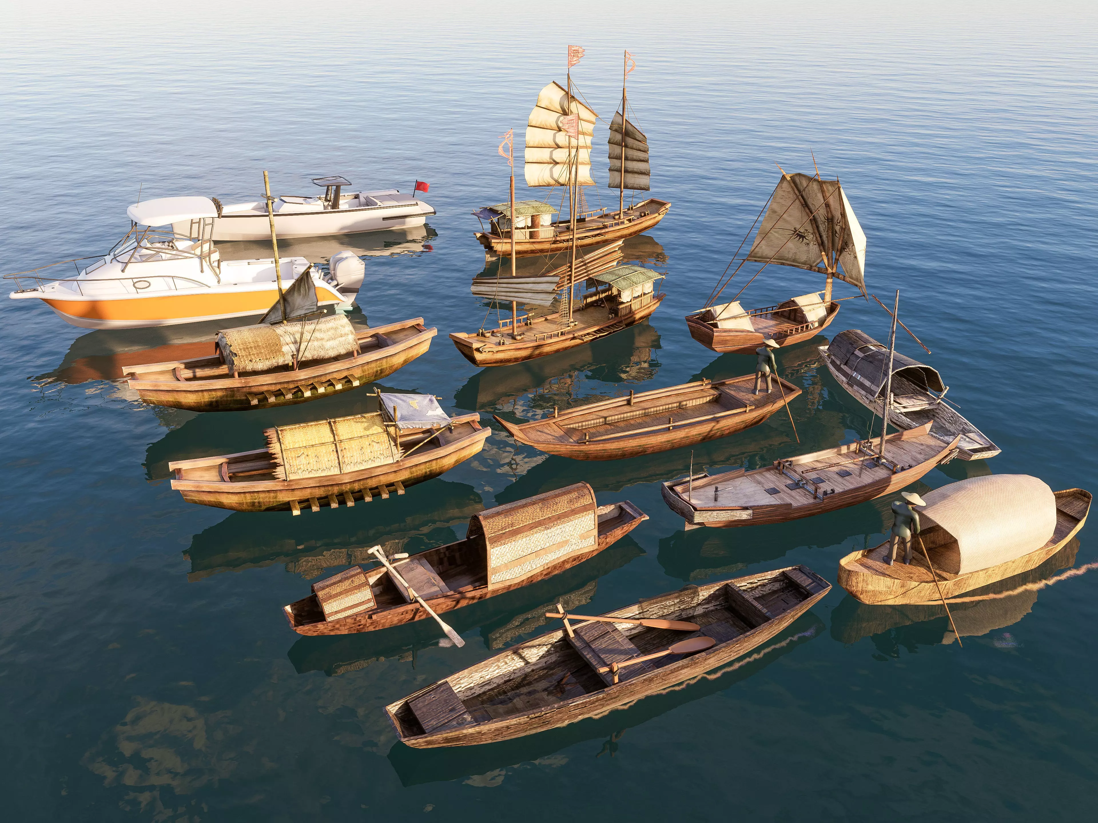 Wooden boat collection 3 Low-poly 3D model_0