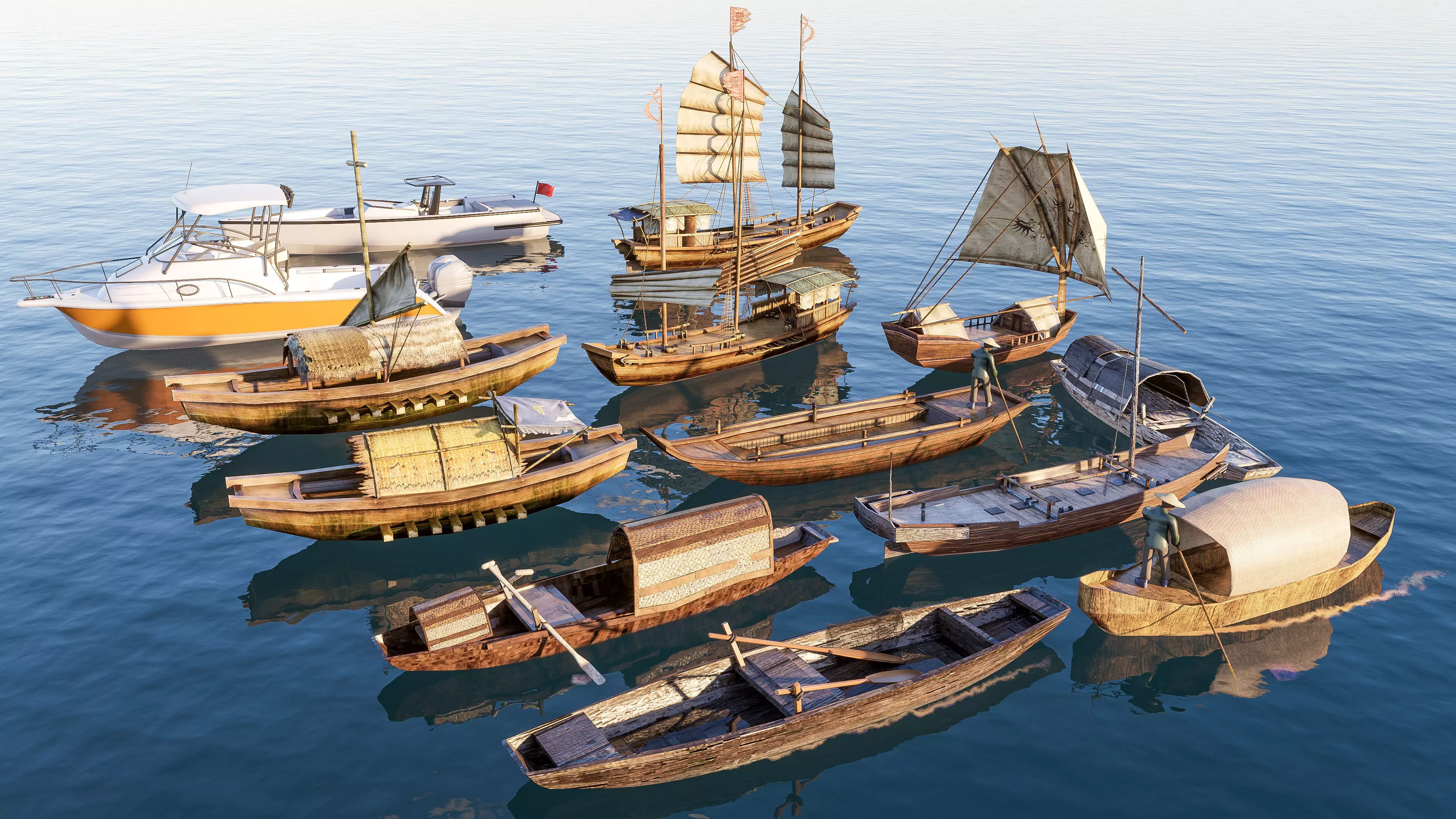 Wooden boat collection 3 Low-poly 3D model_2
