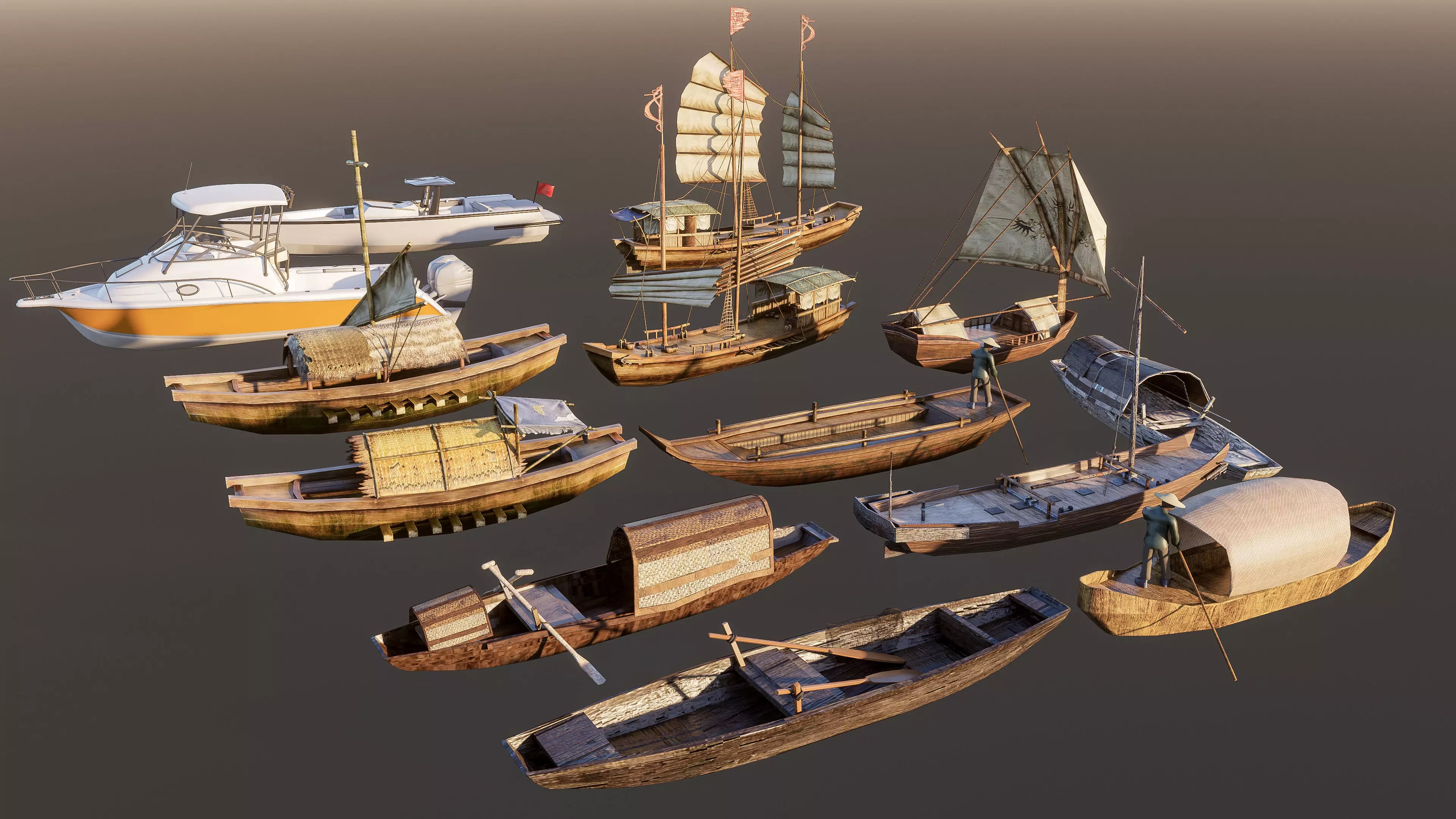 Wooden boat collection 3 Low-poly 3D model_1