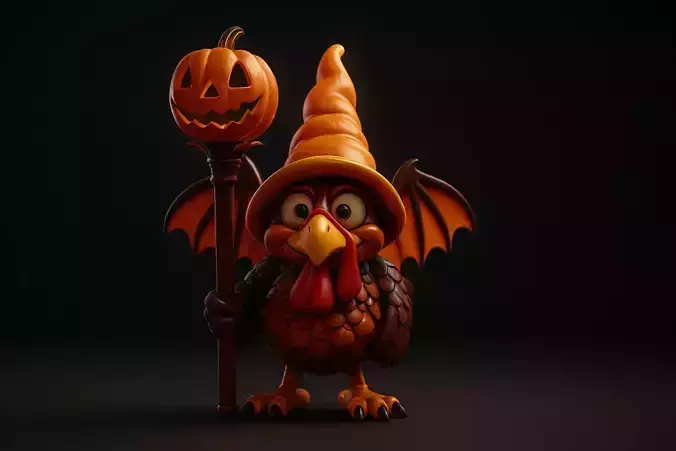 Halloween Turkey Wizard with Pumpkin Staff 
