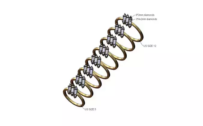 Triple tilted dainty baguette diamond cluster ring US 5to12