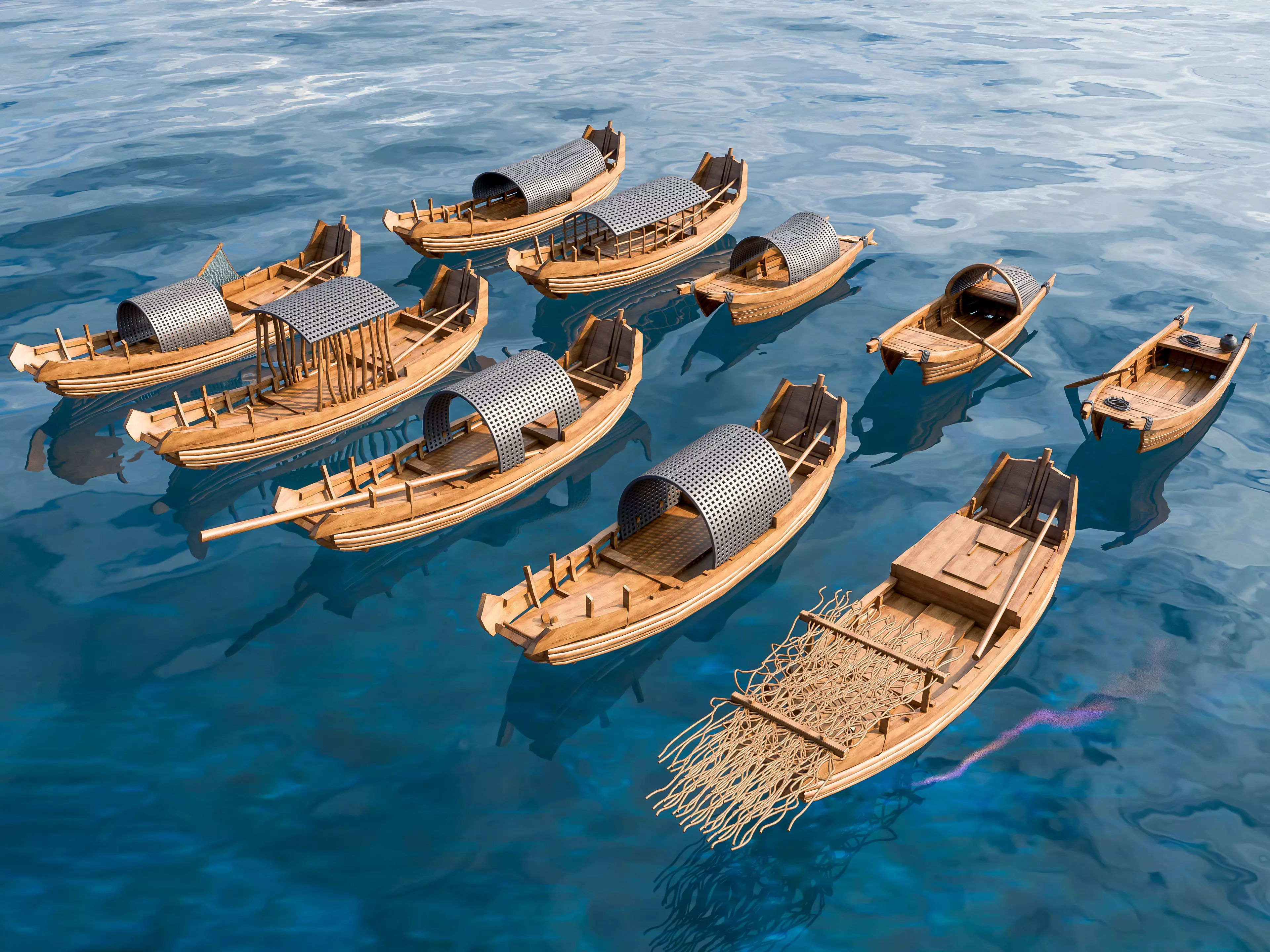 Wooden boat collection 5 Low-poly 3D model_0