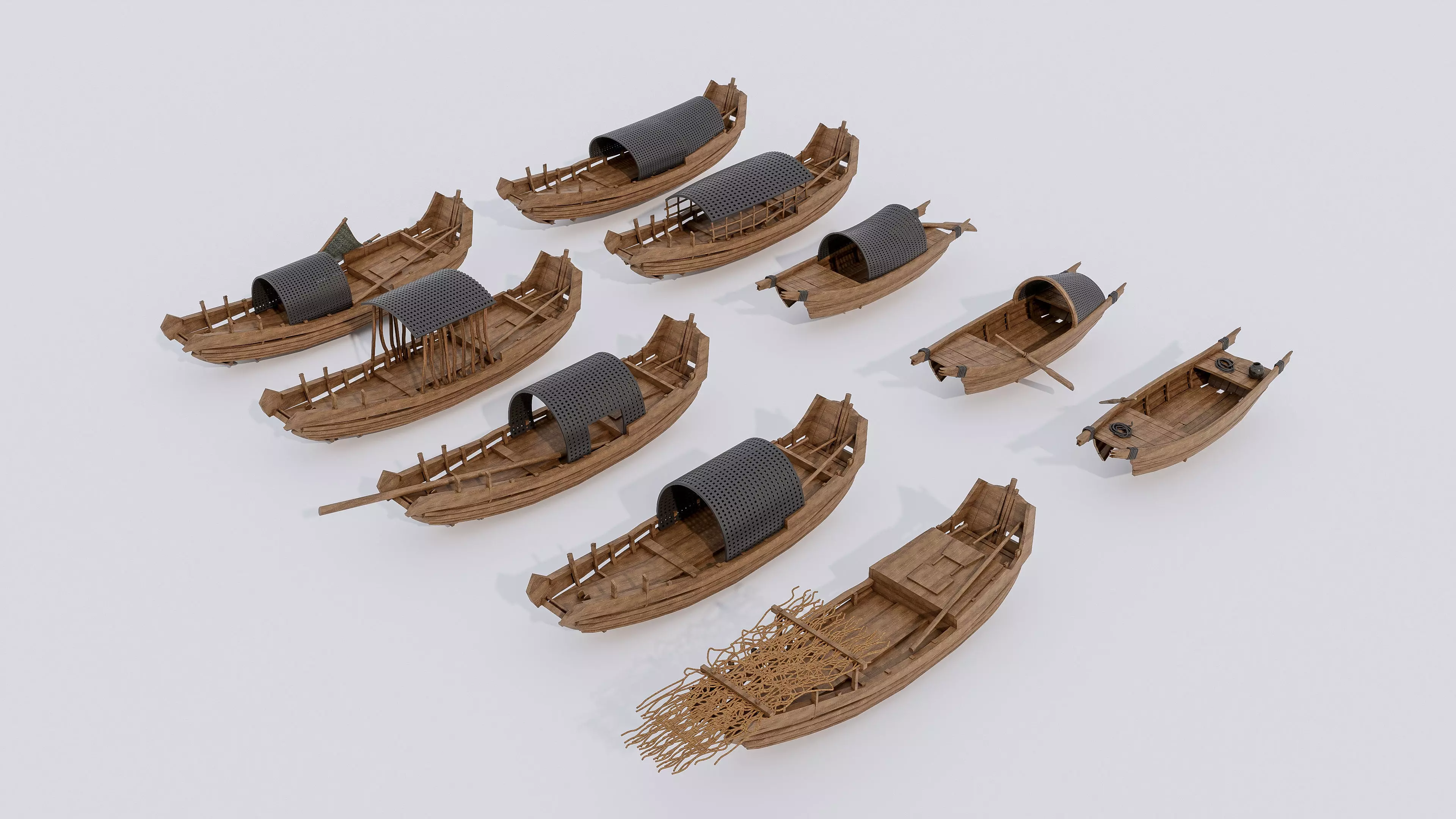 Wooden boat collection 5 Low-poly 3D model_2