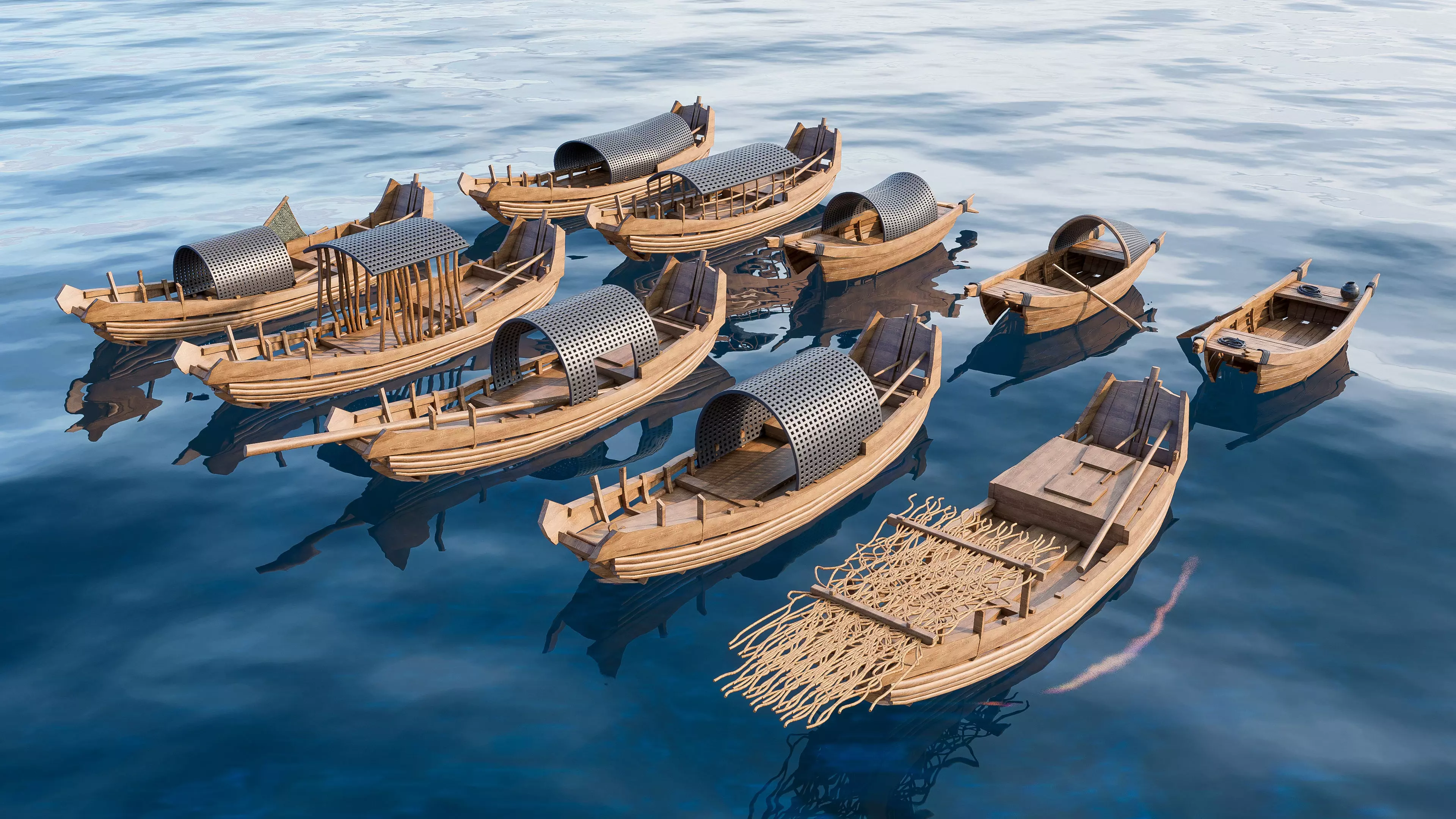 Wooden boat collection 5 Low-poly 3D model_1