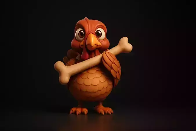 Cute Cartoon Turkey Holding Bone  3D Printable Thanksgiving