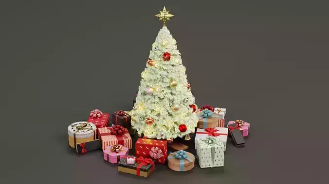 White Christmas Tree with Gifts - Decorated and Snowed 