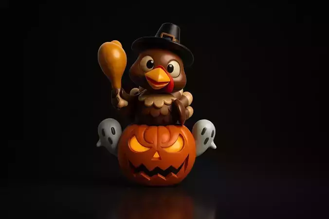 Thanksgiving Turkey Riding Halloween Pumpkin 