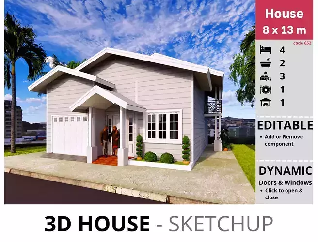 House 8x13m code 652 - Sketchup 3D model 3D model