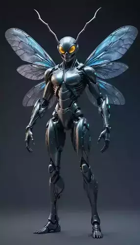 Futuristic Female Robot Insect Wings Glowing Butterfly 3D