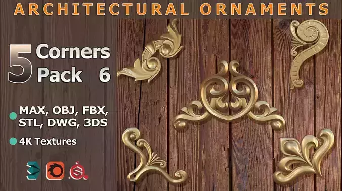 Ornamental Corner Set- Vol06 - Clean Quad Mesh - 4k PBR Textures