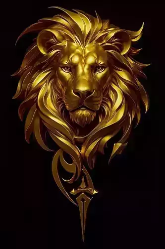 Golden Lion Head Sculpture Ornate Mane Sword Motif 3D