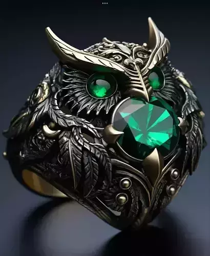 Luxury Owl Ring Jewerly Emerald Gem Gold Filigree 3D Low-poly 3D model