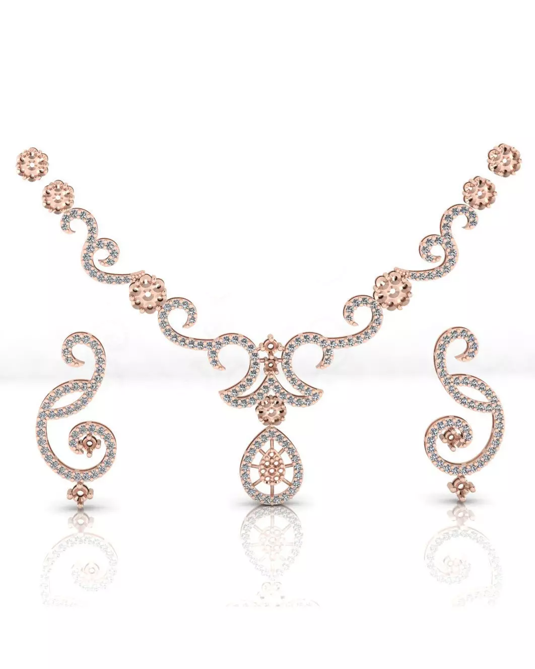 flower setting pave setting jewelry set earring and pendant 3D print model_0