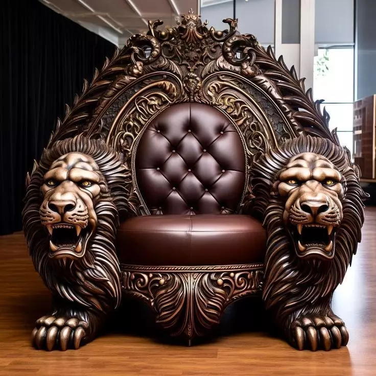 Luxury Lion Throne Chair Ornate Carvings Brown Leather 3D Low-poly 3D model_0