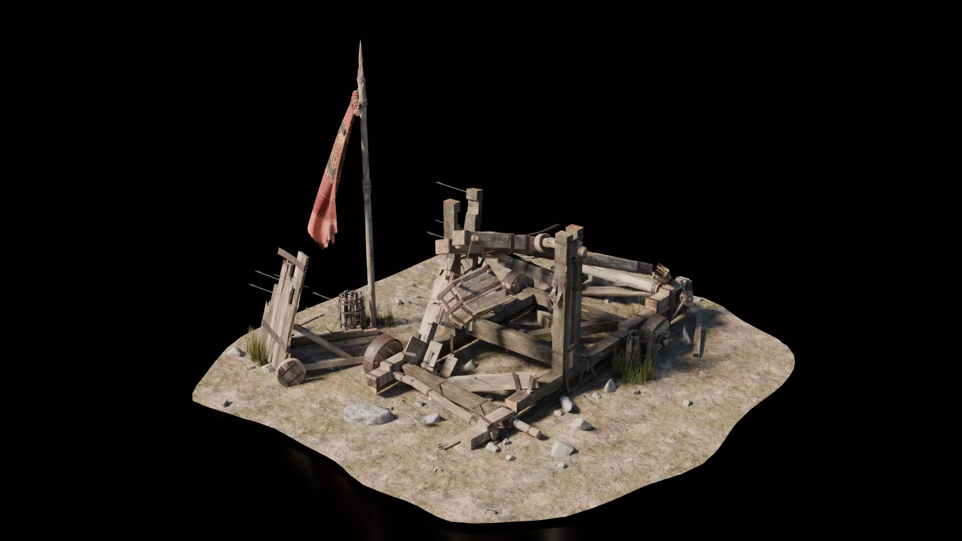 Destroyed Catapult Medieval 3D model_0