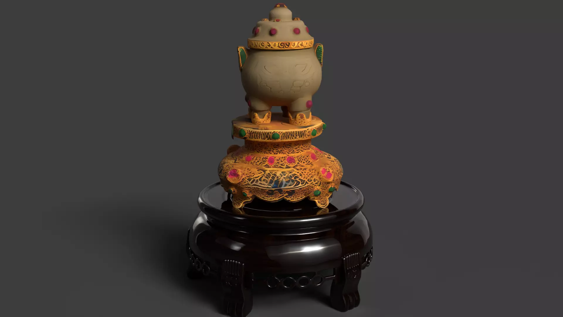 Chinese jade pot figurine Low-poly 3D model_5