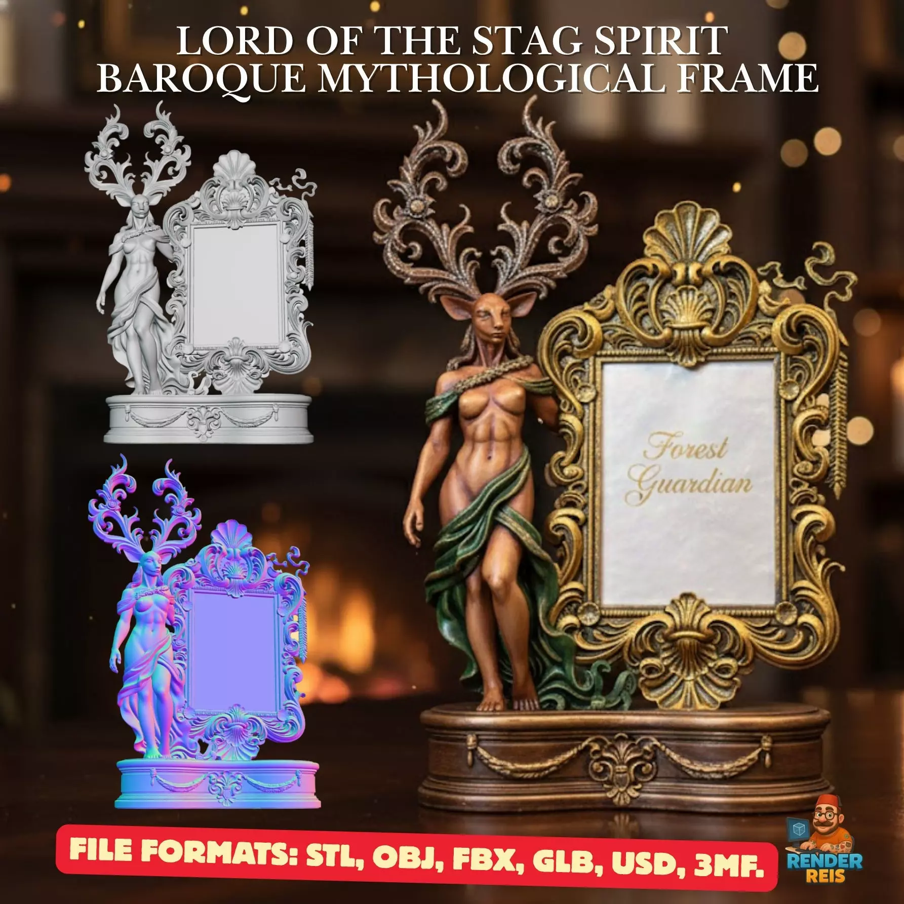Lord of the Stag Spirit Baroque Mythological Frame 3D print model_0