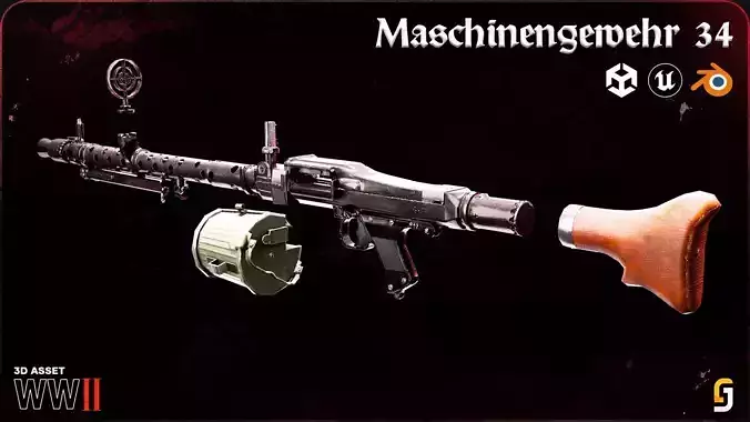 WW2 MG34 - Maschinengewehr  Low-poly 3D model WW2 MG34 - Maschinengewehr  Low-poly 3D model