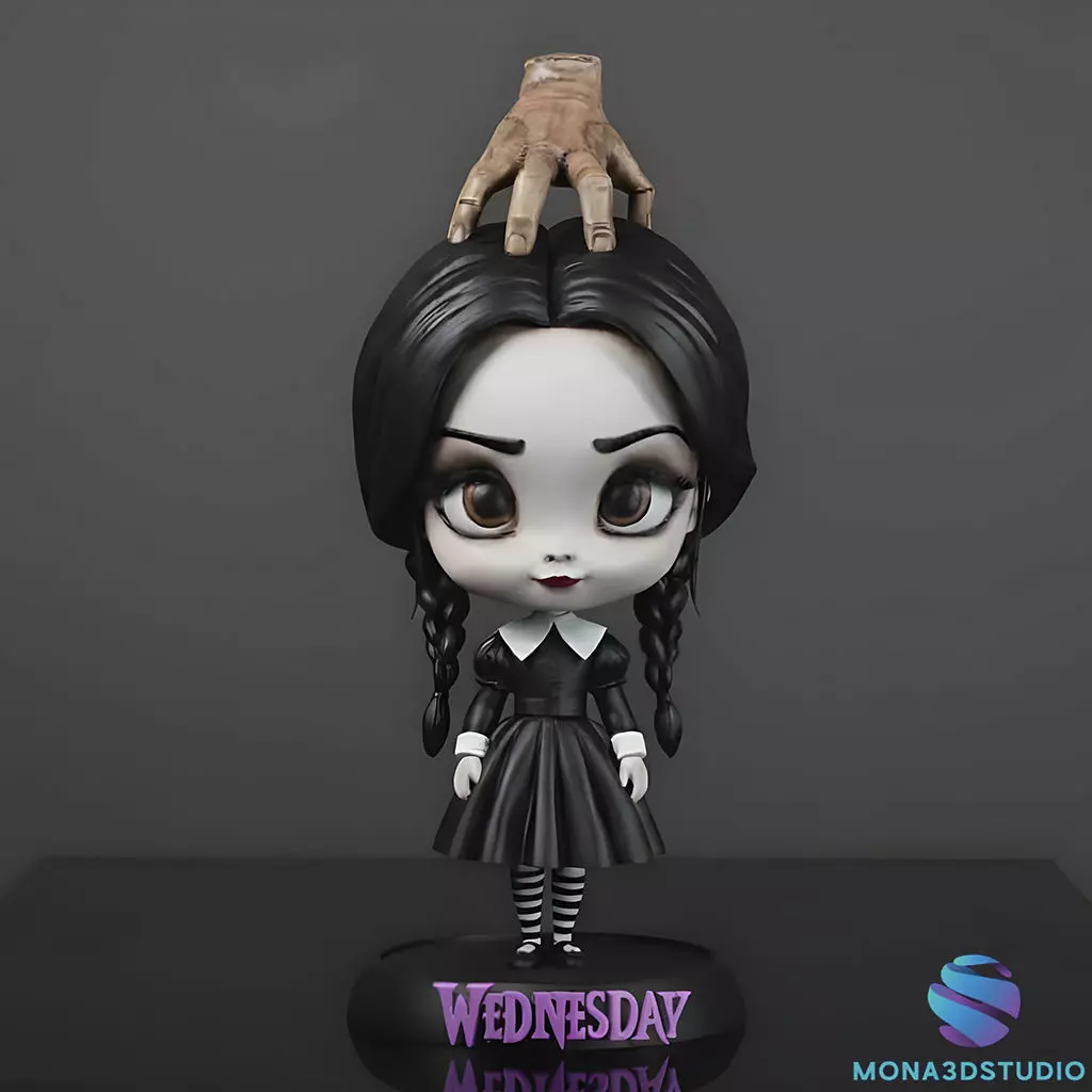 Wednesday Addams with Thing Hand - Chibi Bobblehead Style 3D print model