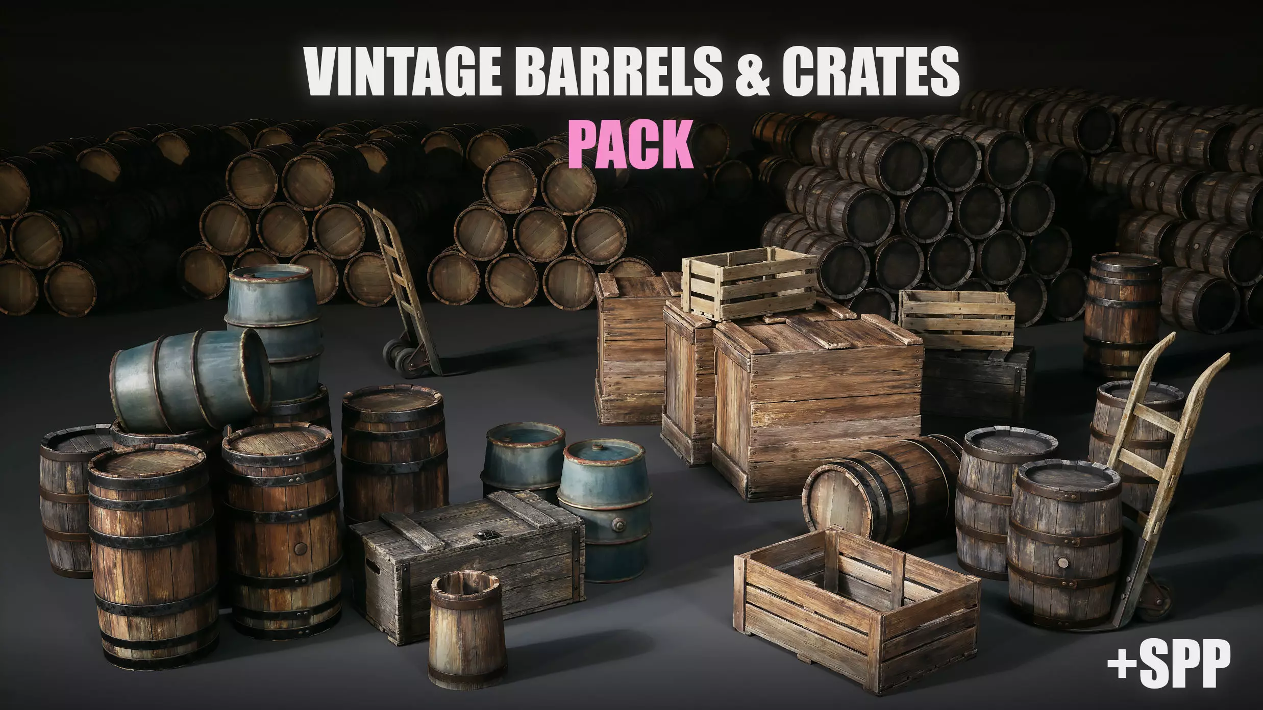 Vintage Barrels and Crates Pack Low-poly 3D model_0