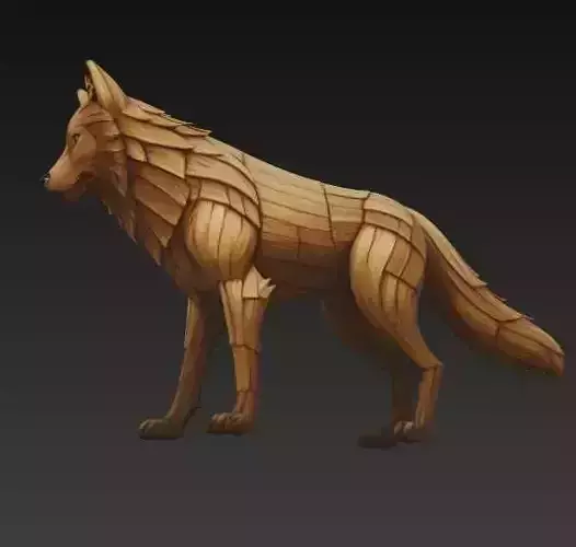 Wooden wolf sculpture standing prominently in a serene 3D print model