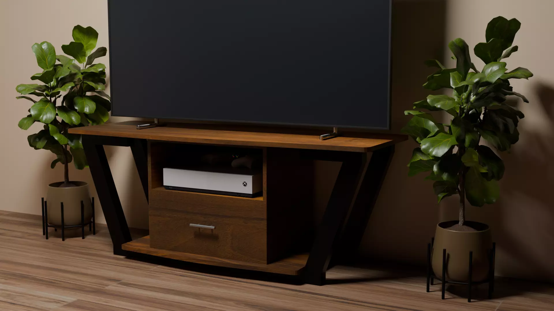 Iron and Wood Minimalist TV Stand Low-poly 3D model_2