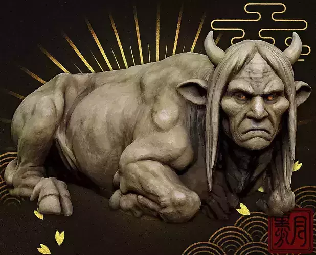 Japanese Folklore Yokai Kudan Statue Human Faced Cow