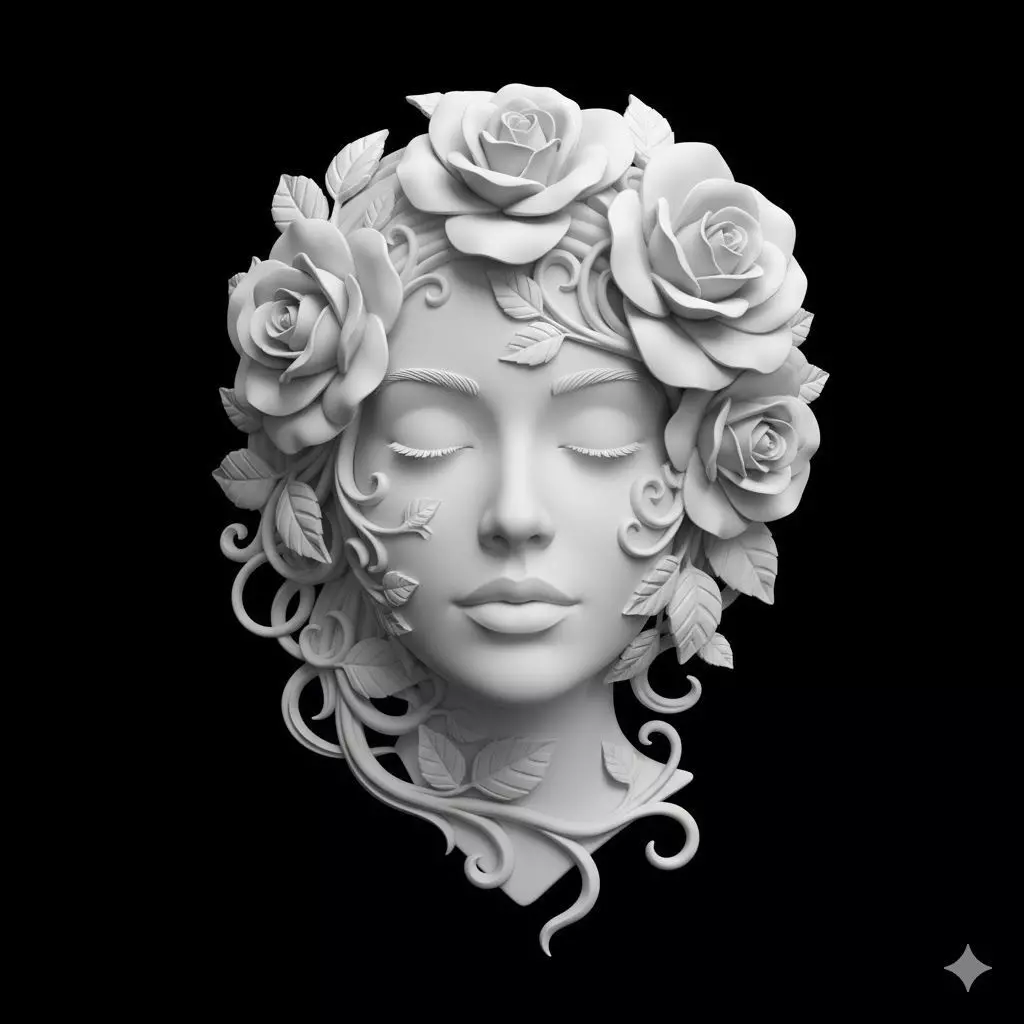 Woman Face with Rose Crown Sculpture 3D print model_0