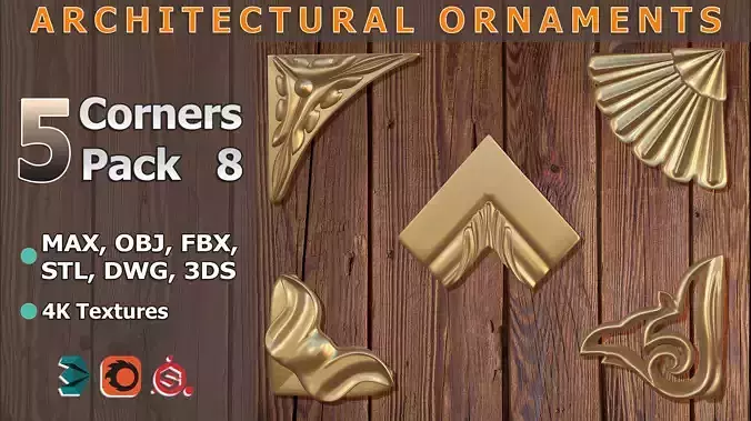 Ornamental Corner Set- Vol08 - Clean Quad Mesh - 4K PBR Texture