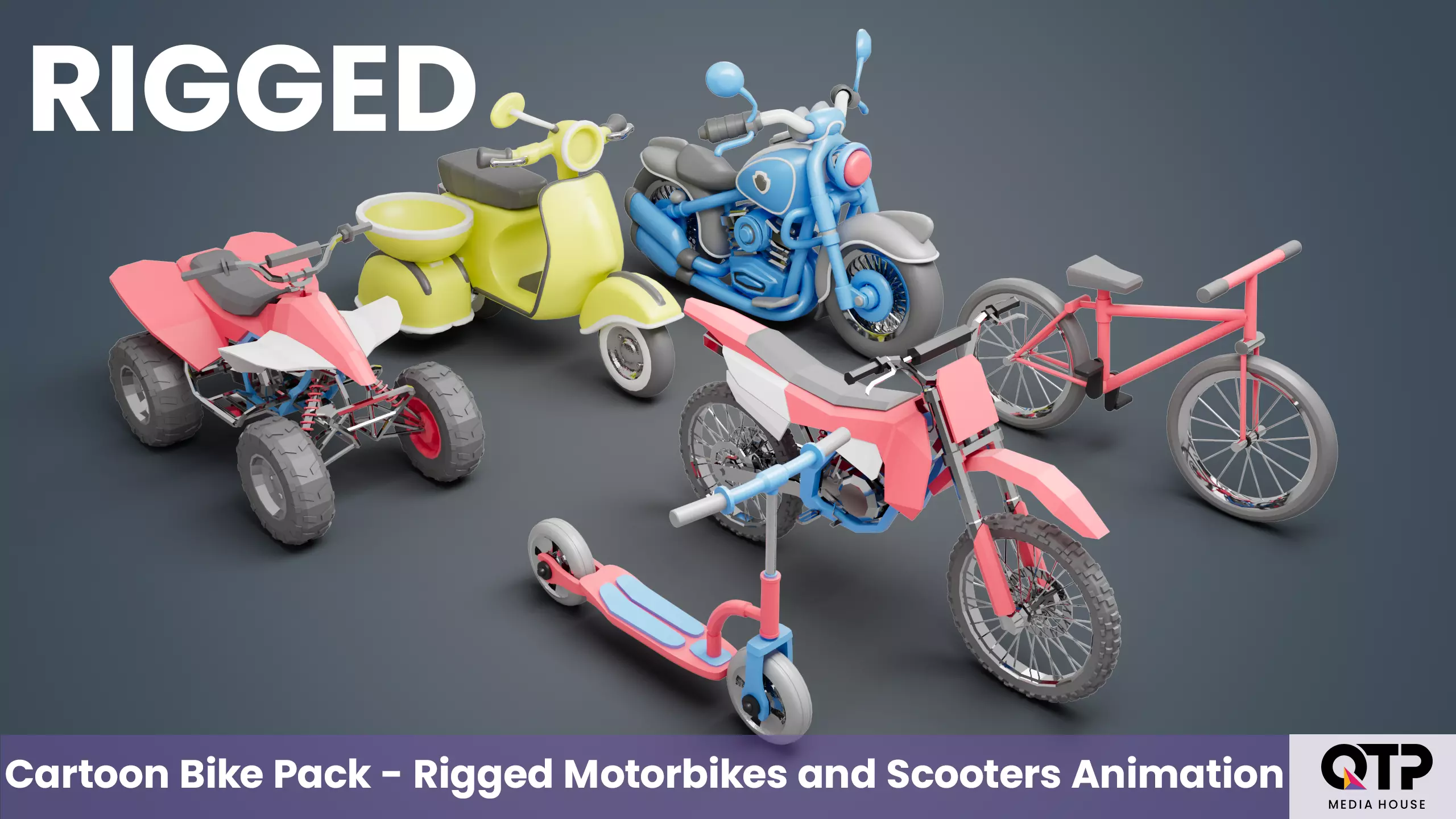 Cartoon Bike Pack - Rigged Motorbikes and Scooters Animation  Low-poly 3D model_0