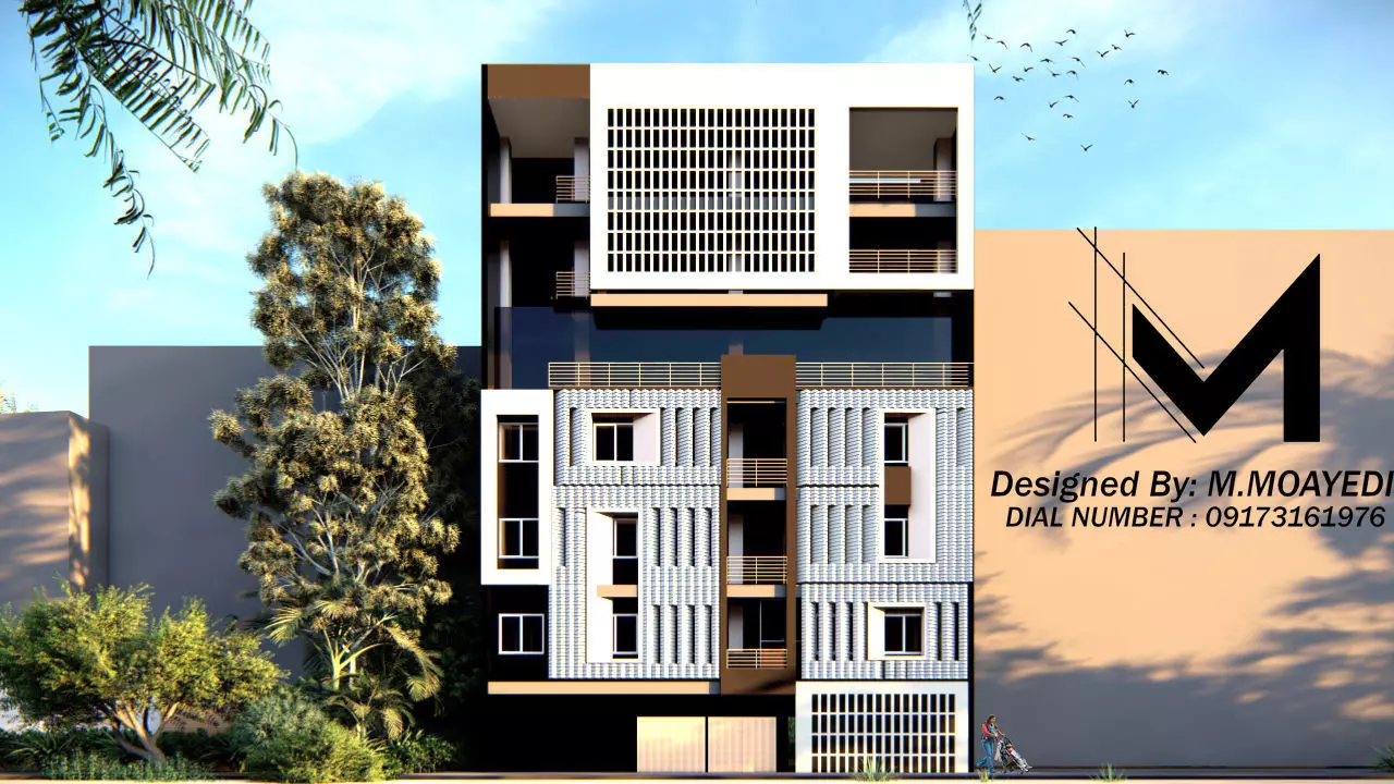 creative facade design in residential building Low-poly 3D model_3