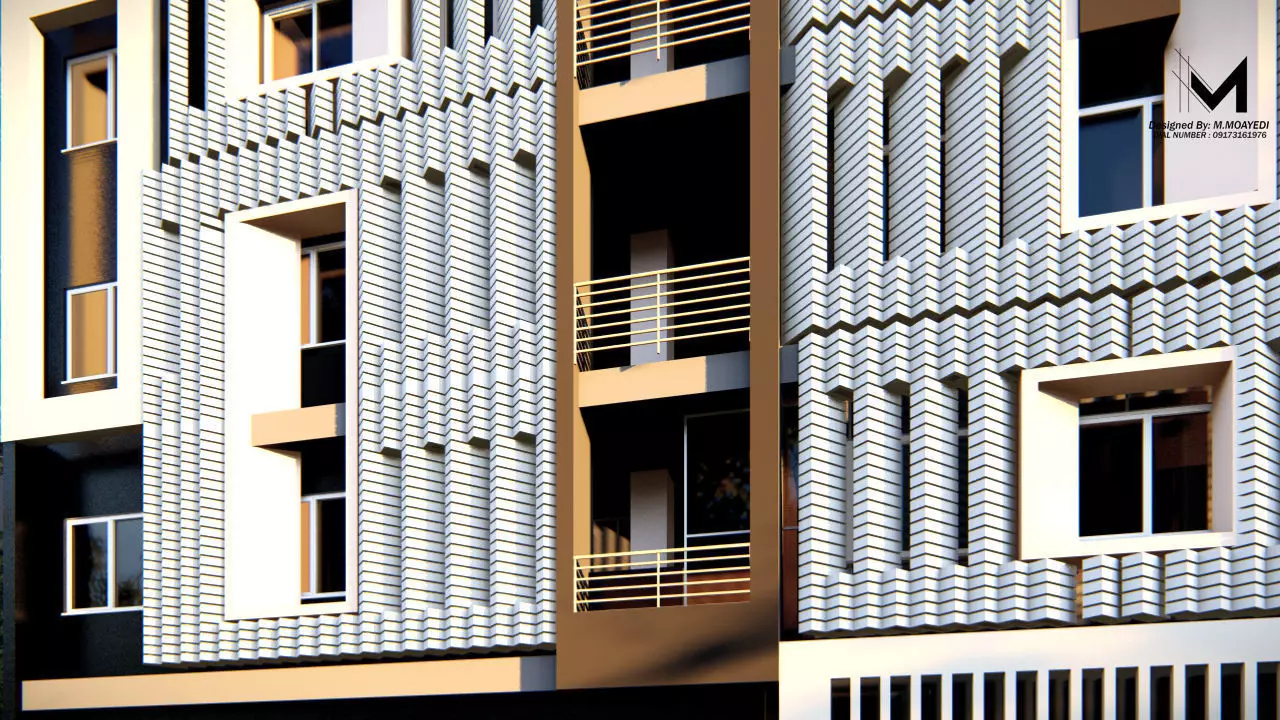 creative facade design in residential building Low-poly 3D model_0