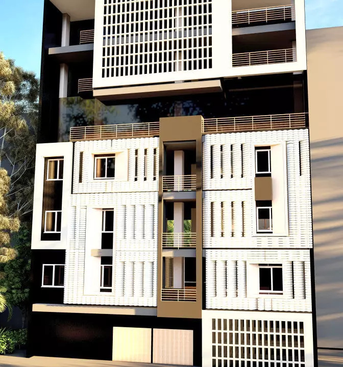 creative facade design in residential building Low-poly 3D model_2