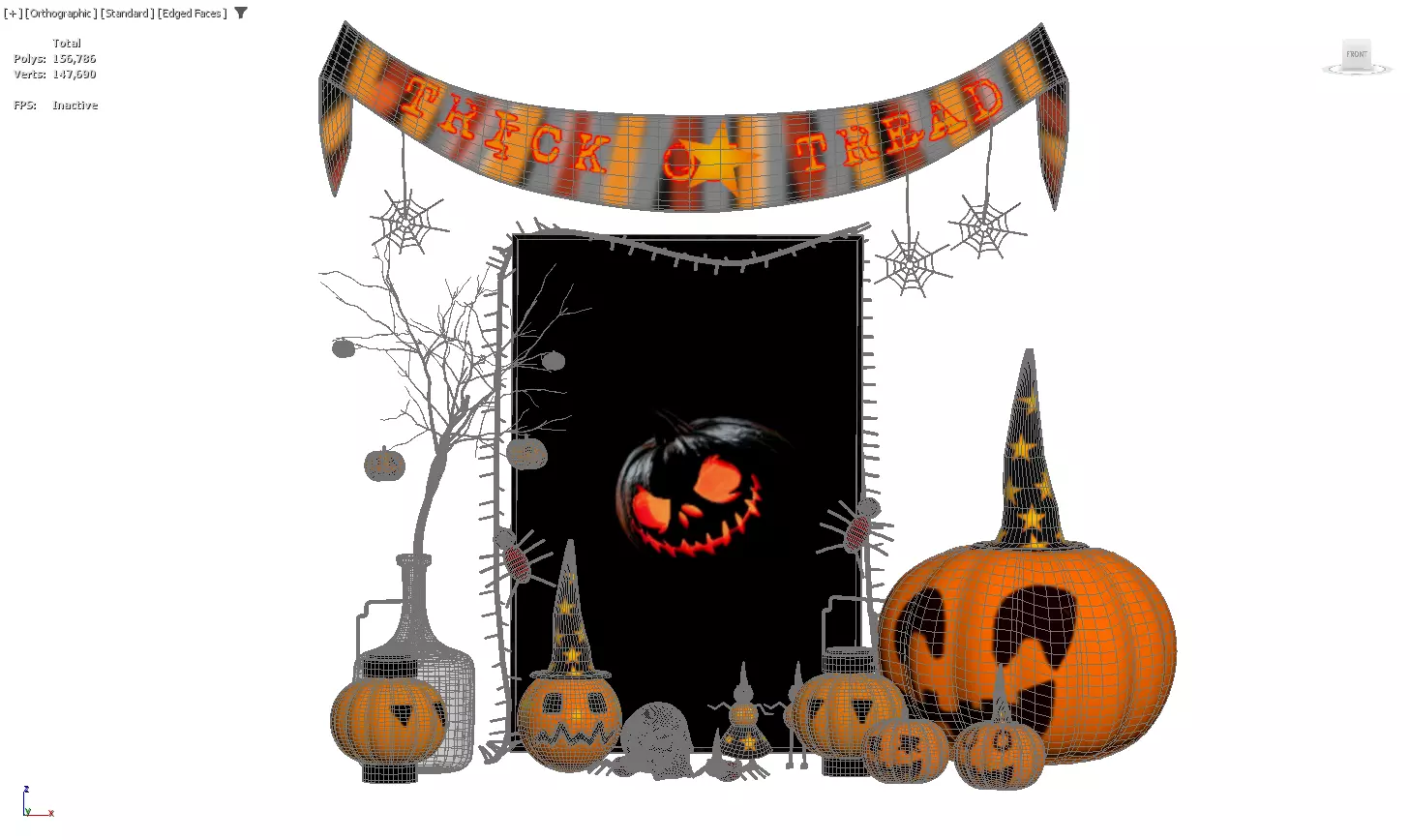 Halloween Decoration Set with Pumpkin Lanterns and Banner 3D model_2