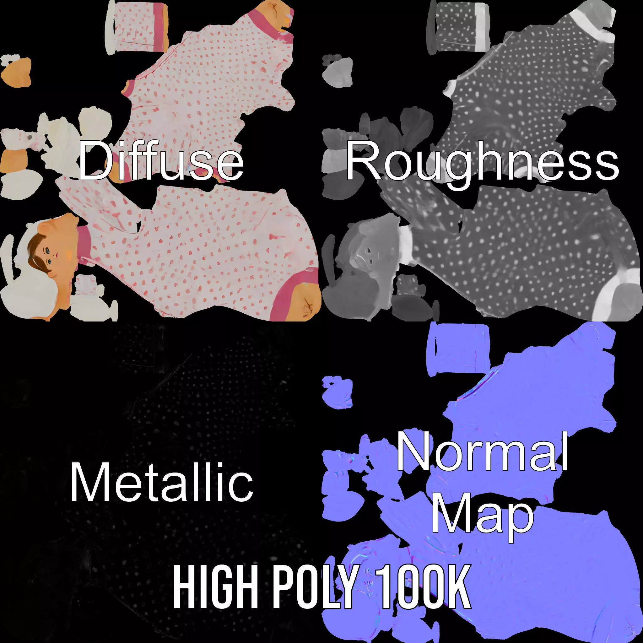 Pink Polka Dot Pajama Doll model pack Low-poly 3D model_3