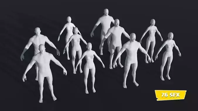 Human Body Base Mesh 28 Animations 10 3D Models 76 Sound Effects Low-poly 3D model