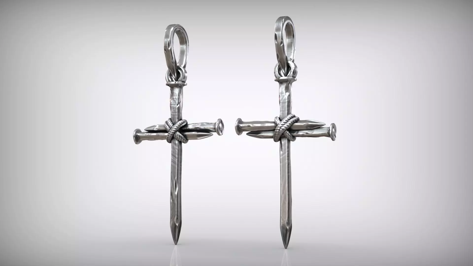 Three Forged Nails Cross with Rope Christian Pendant 3D print model_3